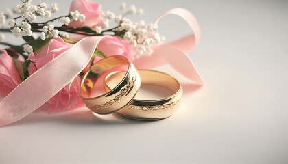 Pink roses tied with ribbon and two golden wedding rings on white background. Generative AI