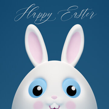 3d Happy Easter banner with little kawaii white rabbit with big blue eyes