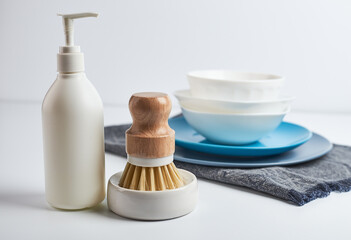 Eco-friendly dishwashing brushes, towel and detergent on table in kitchen with white walls. Home comfort. Household equipment. Earth-friendly products