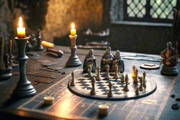 board game, game of witches and magic, with illuminated pawns, on an old table from a sorcery school, in a magic classroom, generative ai