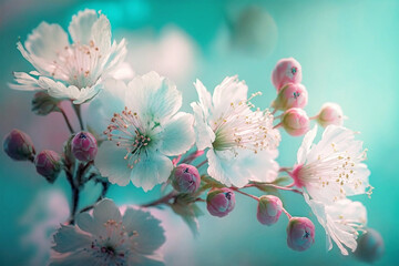 sakura tree, cherry blossoms outdoors in spring summer close-up on light blue and turquoise background, generative ai