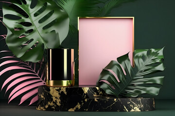 A luxurious mate white marble pink podium stage display mockup perfect for product presentation. Featuring a green tropical palm leaves illustration, it adds a touch of exotic glamour generative AI