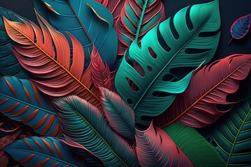 Tropical Jungle Leaves Colorful Background Generative AI