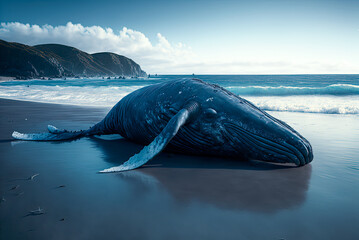 Dead humpback whale, beached. Generative AI - obrazy, fototapety, plakaty