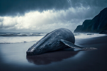 Dead humpback whale, beached. Generative AI