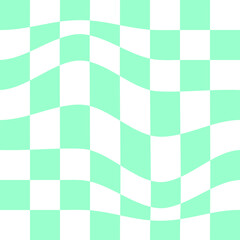 Distorted chessboard texture. Checkered optical illusion. Psychedelic dizzy pattern with warped green and white squares. Trippy checkerboard background