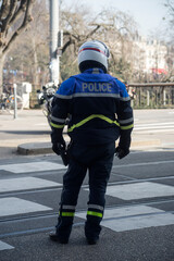 Strasbourg - France - 11 February 2023 - Portrait of french national policeman and motorbike in the...
