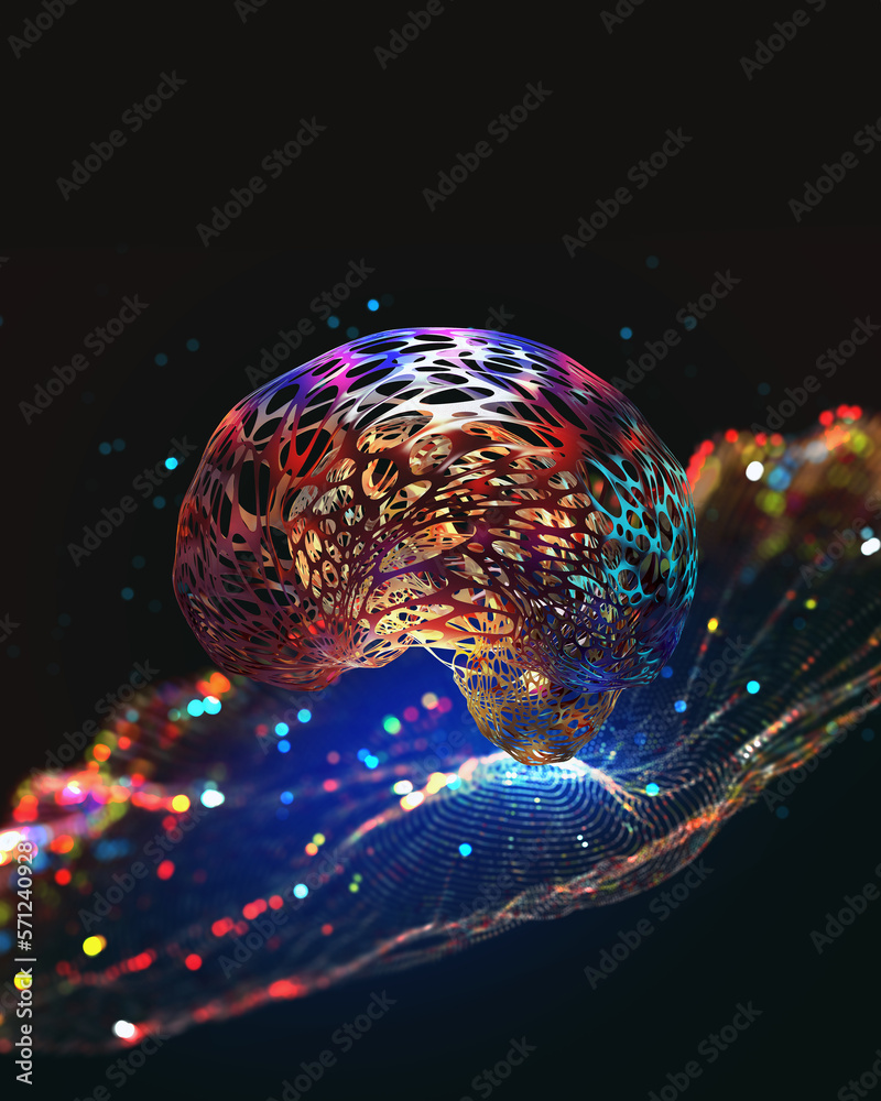 Poster Cyber artificial intelligence. Brain, mind, neural network, deep learning. Globalization of big data. 3D illustration of internet technologies in scientific research