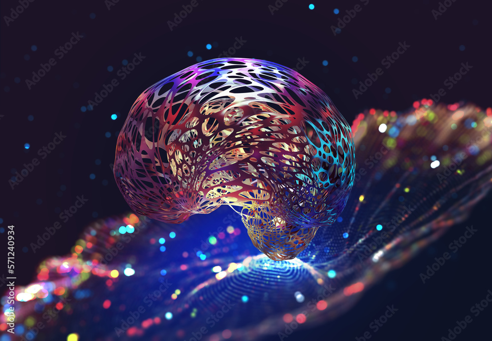 Poster Cyber artificial intelligence. Brain, mind, neural network, deep learning. Globalization of big data. 3D illustration of internet technologies in scientific research