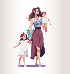 mother and little children walking together mom taking daughter and son to school or kindergarten motherhood happy family