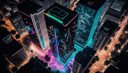 Aerial view on night neon cyberpunk modern city. Long exposure light trails. AI generative image.