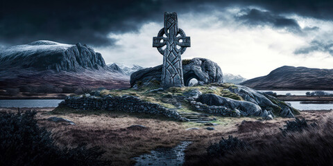 Ireland landscape, large Celtic cross, wide, panorama. Generative AI