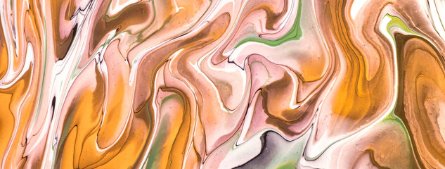 Abstract fluid art background yellow and white colors. Liquid marble. Acrylic painting with orange lines and gradient.