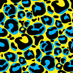 Fototapeta na wymiar Vector large leopard pattern, seamless background, classic print. Abstract skin of a wild cat. Fashion. Spots. Bright uneven spots of different shades. Printing on paper and textiles. Yellow, Blue