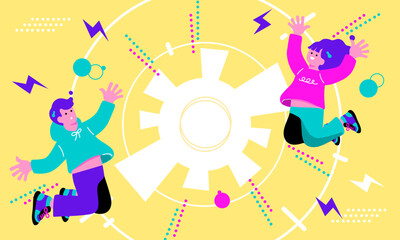 ポップなカラーの喜ぶ男女のイラスト