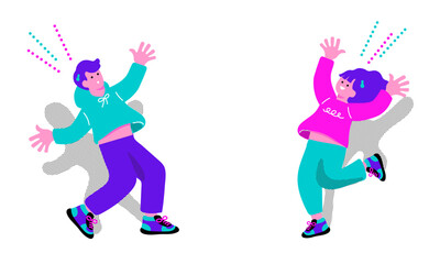 ポップなカラーの喜ぶ男女のイラスト