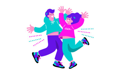 ポップなカラーの喜ぶ男女のイラスト