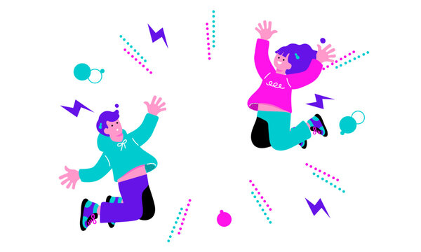 ポップなカラーの喜ぶ男女のイラスト