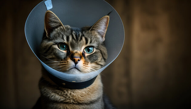 Illustration of sad cat wearing Elizabethan collar, protective vet plastic cone. Domestic animals health care. AI generative image.