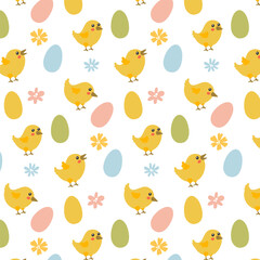 Vector seamless simple drawing with colored decorated eggs, chickens and flowers. Easter festive white background for printing on fabric and paper, scrapbooking paper, gift wrapping and wallpaper.