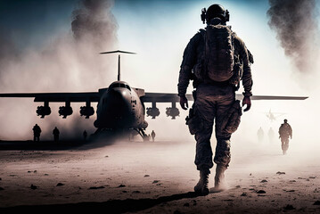 Soldier walking towards aircraft, copyspace. Generative AI