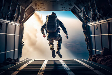 Airborne soldier jumping out of plane. Generative AI - obrazy, fototapety, plakaty