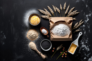 Baking ingredients and utensils on black background. Flat lay. Generative ai.