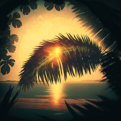 Evening on the beach with palm trees with moody orange sky. Generative ai.