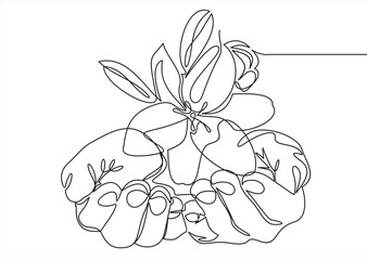 Two hands hold orchid one line art. Continuous line drawing of gesture, hand and flower.