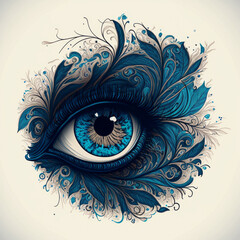 Hand drawing of beautiful blue eye with swirls, generative ai.