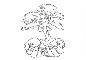Continuous one line drawing palm hand holding together a green young plant. Single one line hand holding tree. Forest conservation concept design vector graphic illustration
