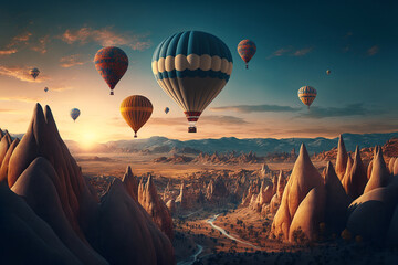 Colorful hot air balloons flying over beautiful landscape. Generative ai.