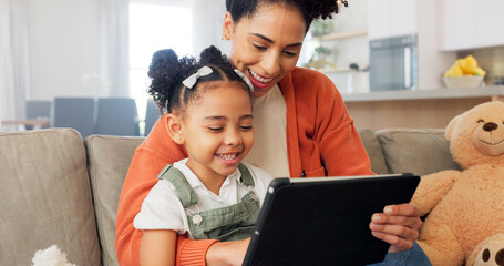 Tablet, learning and black family on education app in home for remote teaching with happy child....