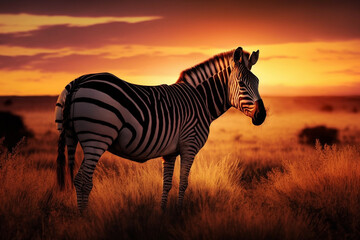 Obraz premium Zebras in the African savanna against a beautiful sunset.Generative AI.