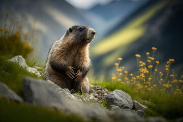 Alpine marmot in beautiful landscape.Groundhog Day concept. Generative ai.