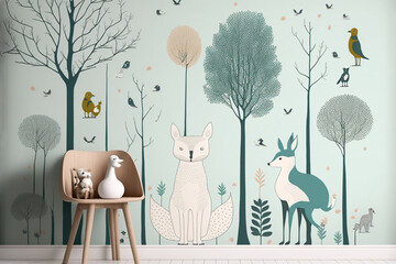 Kids room wallpaper with animals and pastel colors.Generative ai.