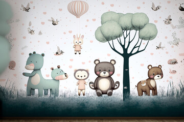 Kids room wallpaper with animals and pastel colors.Generative ai.