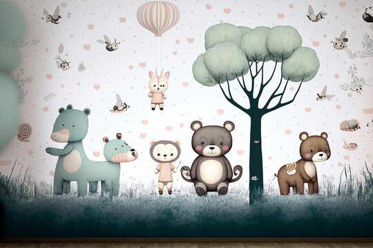 Fototapeta Kids room wallpaper with animals and pastel colors.Generative ai.
