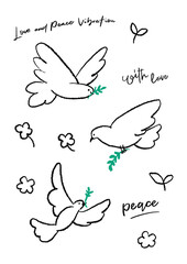 手描きの鳩、平和の象徴ハトのシンプルなラインアート。