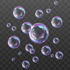Vector realistic soap bubbles with rainbow reflection isolated on png background. Transparent colorful soap bubbles. Vector design element