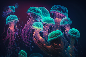 Jellyfish sealife luminous glowing animal pattern background texture, detailed art