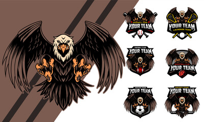Eagle Mascot Logo with logo set for team football, basketball, lacrosse, baseball, hockey , soccer .suitable for the sports team mascot logo .vector illustration.
