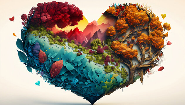 A colorful love heart full of nature surrounds to create a new nature environment. Love the environment. Generative AI.