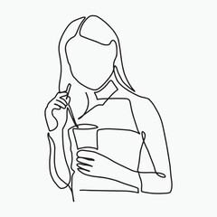 one line art character woman holding coffee drink during working time rest
  hand-drawn illustration vector