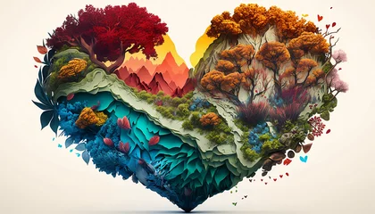 Fotobehang A colorful love heart full of nature surrounds to create a new nature environment. Love the environment. Generative AI. © hugo