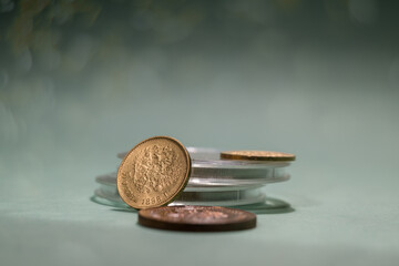 Numismatics. Old collectible coins on the table.