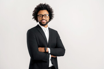 Charismatic confident high-skilled male manager in formal wear and eyeglasses standing with arms crossed isolated on white, pleasant smart supervisor, male employee, businessman in black suit - Powered by Adobe