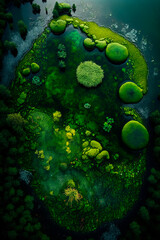 Fototapeta premium A view from above to the very huge pond, which contains algae and living organisms. Generative AI