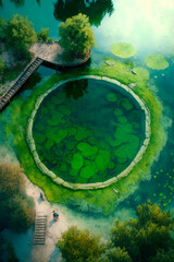 A view from above to the very huge pond, which contains algae and living organisms. Generative AI
