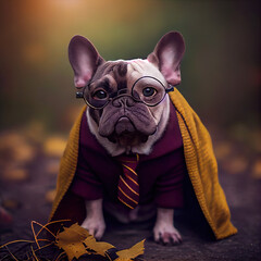 Obraz premium adorable ai generated French bulldog, dressed as a young magician 